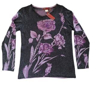 NWT Elegant Sequins Floral Shimmering Black Purple Violet Long Sleeve Top- Large